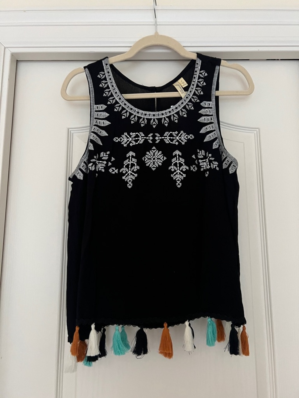 Chenault Black Sleeveless Embroidered Tank with Tassel Trim